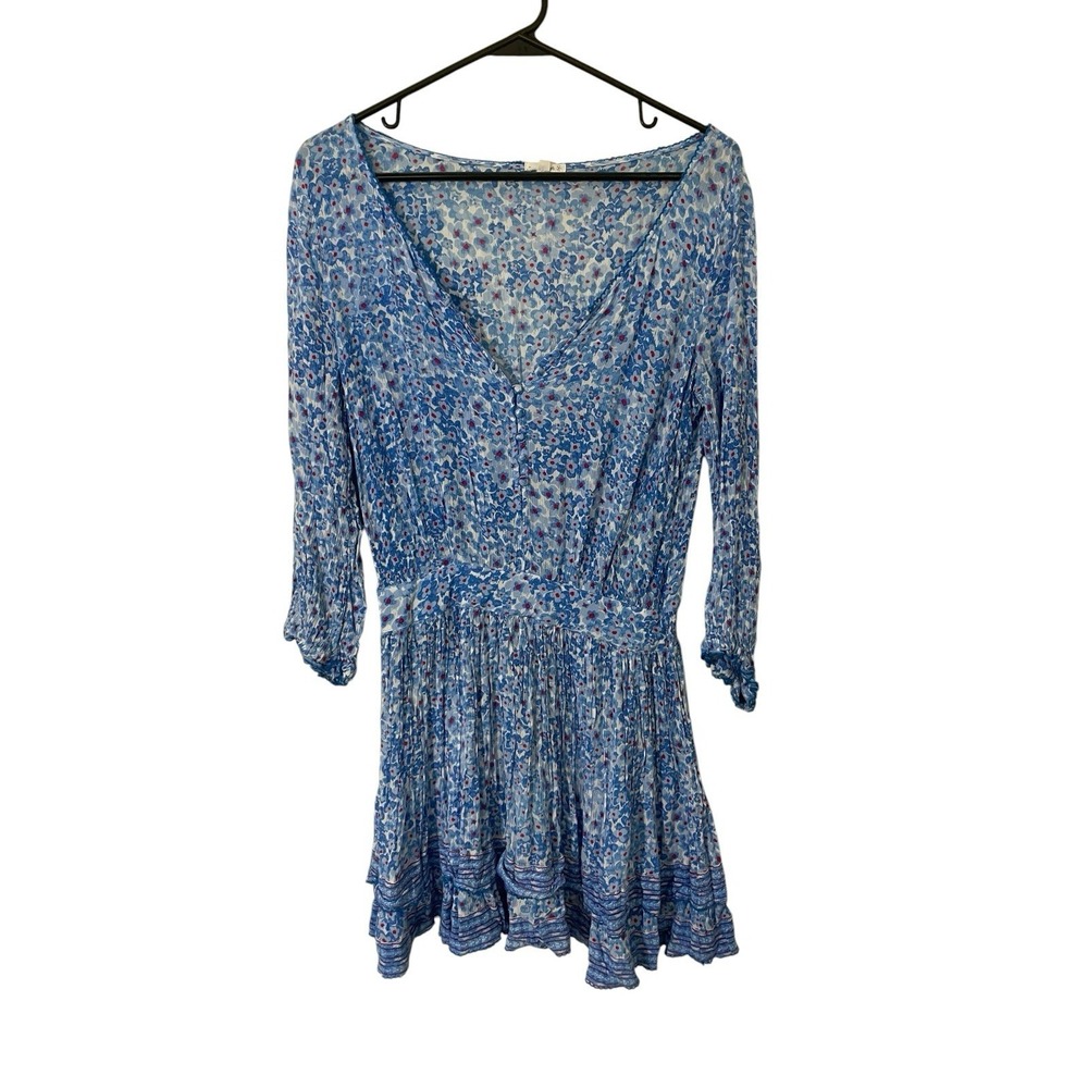 Poupette St Barth Blue Floral Ruffle Trim Mini Dress Small Festival Beachy Boho - Picture 2 of 8